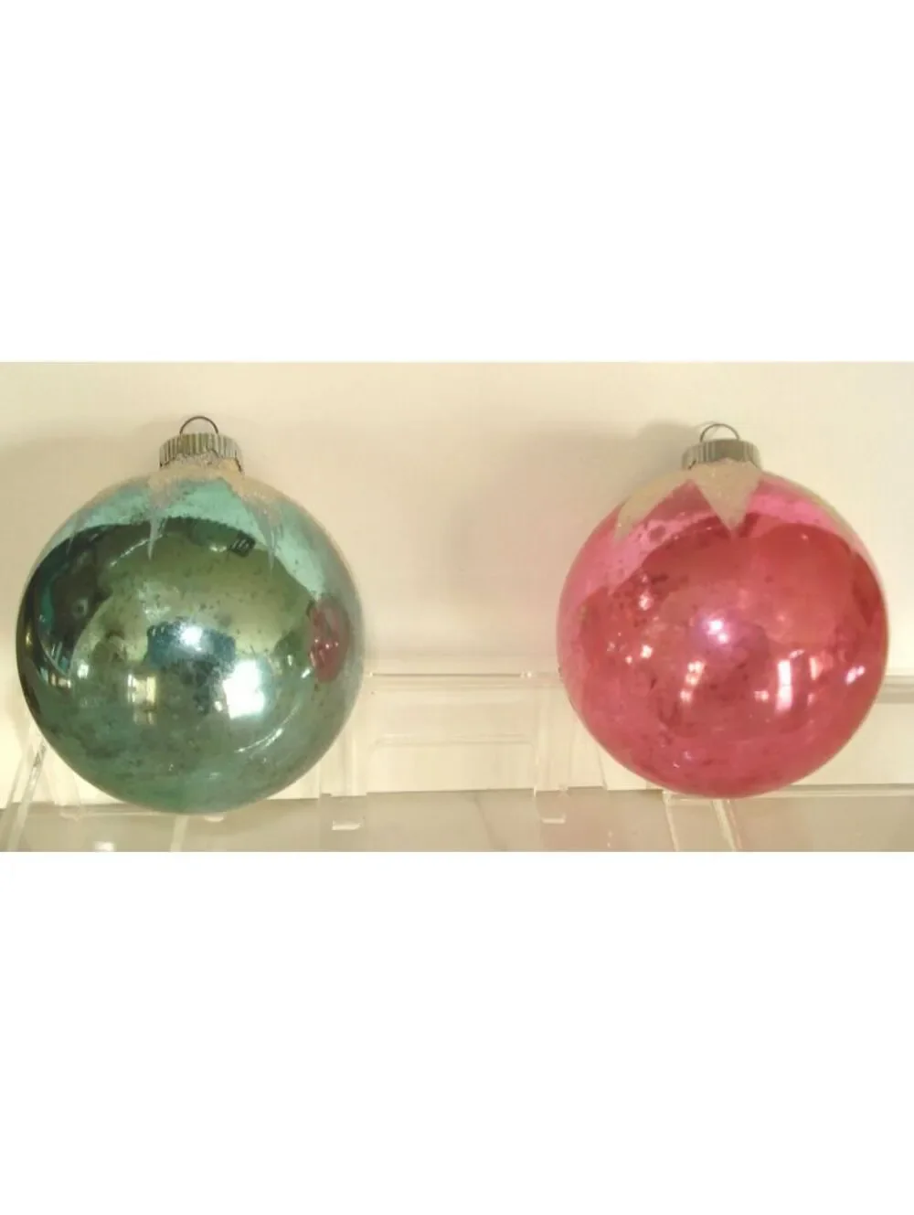 2 VTG Shiny Brite Pink & Blue Mica Snow Cap Mercury Glass Christmas Ornaments
